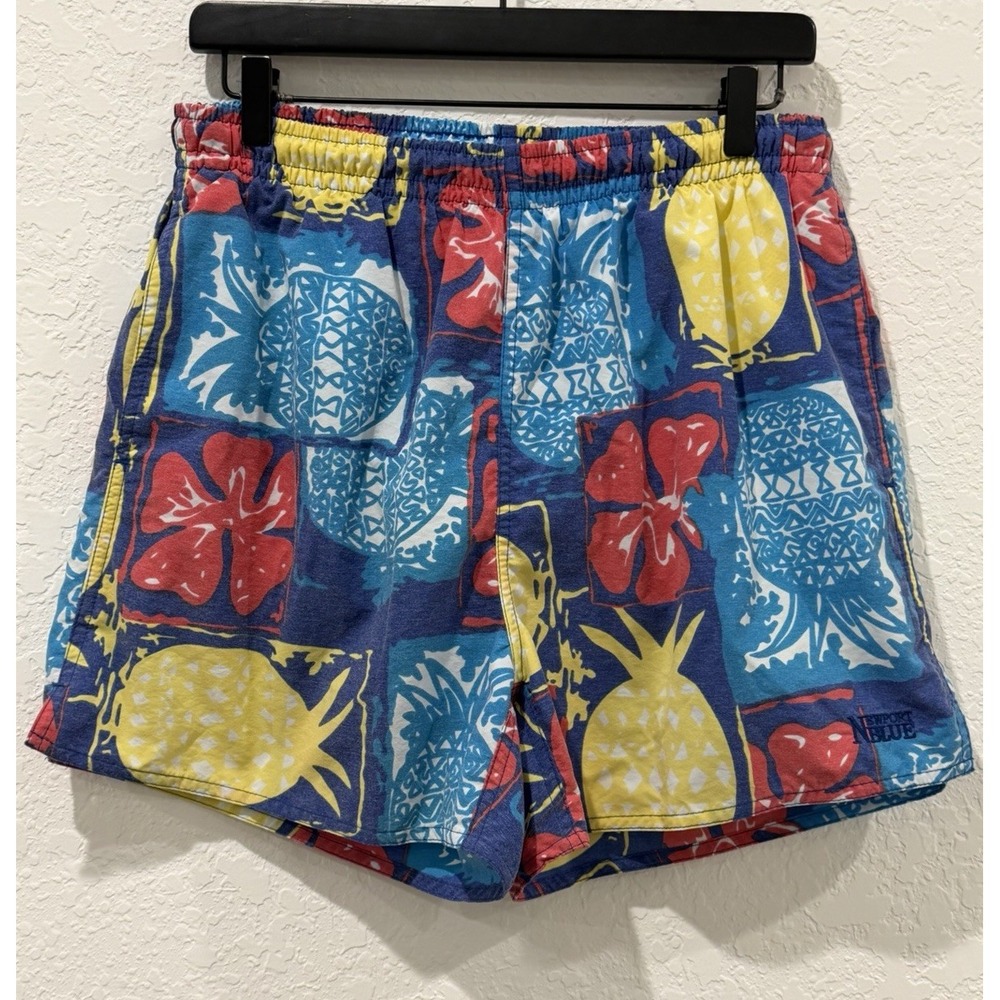 Newport Blue Men's Vintage Swim Trunks M Blue/Red/Yellow Floral Beach 3" Inseam